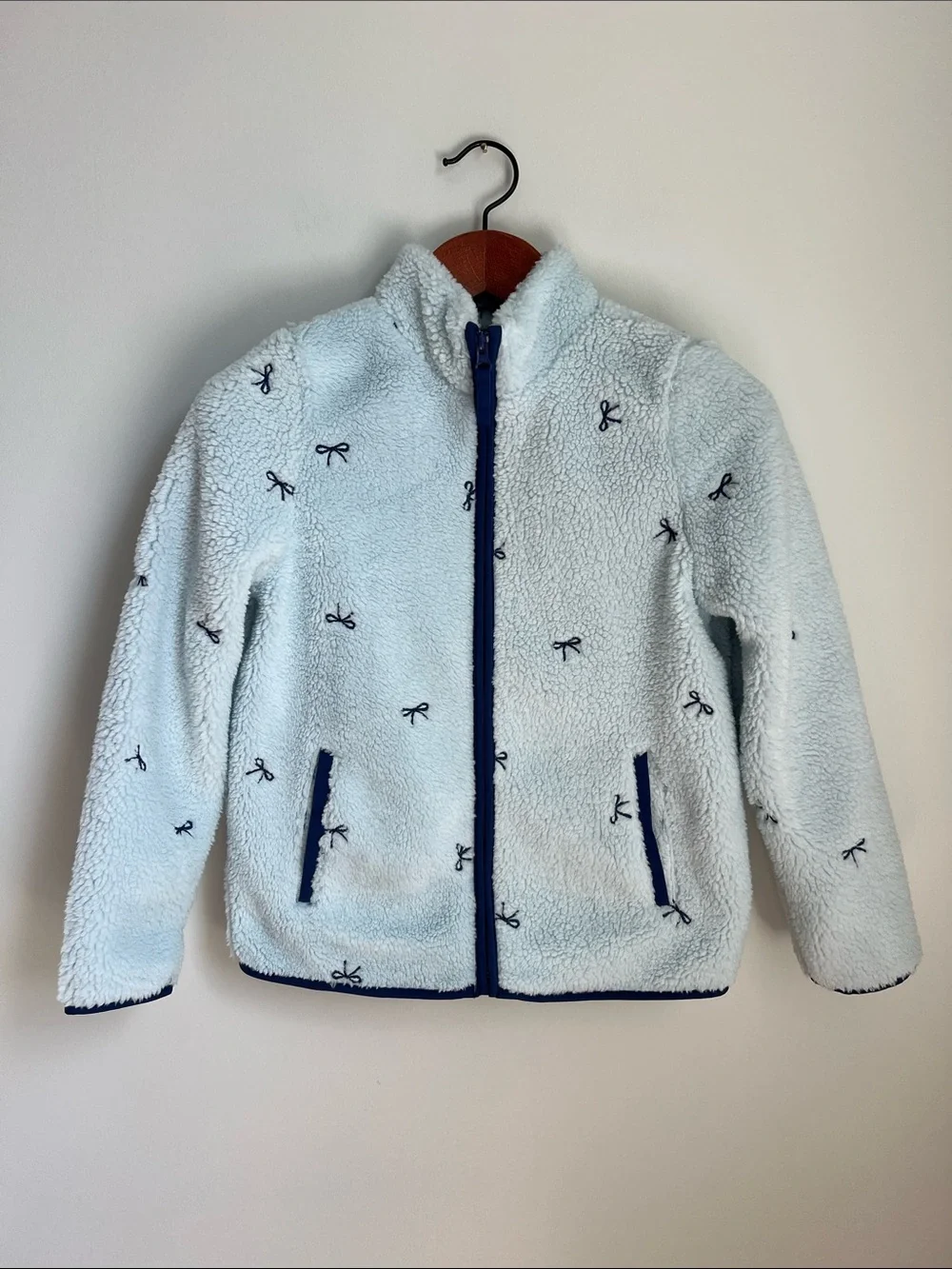 Cat & Jack | Light Blue Sherpa Jacket with Navy Trim Embroidered Bows Size XL